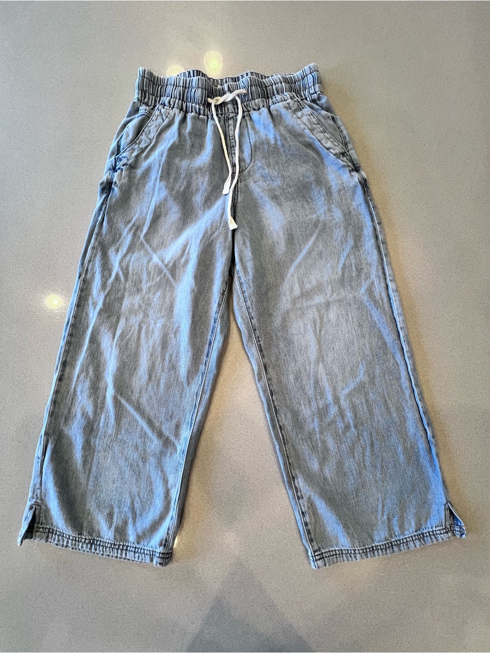 Wide Leg Cropped Lightweight Denim Drawstring Flattering Elastic Waist Sz Small